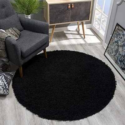 Abbildung von SANAT Teppich Rund Schwarz Hochflor, Langflor Modern Teppiche fürs Wohnzimmer, Schlafzimmer, Esszimmer oder Kinderzimmer, Größe: 120x120 cm