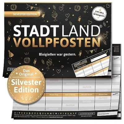 Abbildung von DENKRIESEN Stadt Land Vollpfosten® Silvester Edition Bleigießen war gestern A5 Partyspiel Wichtelgeschenk Fluss Spielblock Geschenkidee