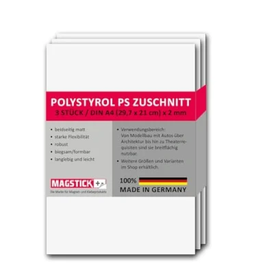 Abbildung von 3er Set Polystyrol Platten weiß I DIN A4 Kunststoff Hartplatten PS Zuschnitte 21 x 29,7 cm 2 mm Stärke für Modellbau Architektur DIY mag268