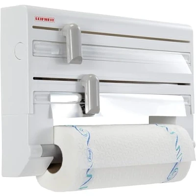 Abbildung von Leifheit Wandrollenhalter Parat ComfortLine Serie für 3 Rollen, saubere Schnittkanten durch praktischen Schneidabroller,Küchenrollenhalter mit Folienschneider sorgt griffbereite,49 x 41 28.5 cm