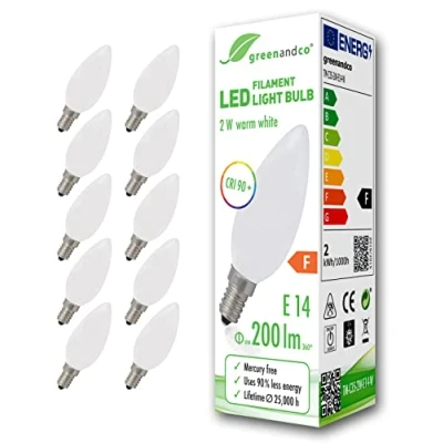 Abbildung von greenandco 10x CRI90+ Glühfaden LED Lampe matt ersetzt 20 Watt E14 Kerze 2W 200 Lumen 2700K warmweiß Filament Fadenlampe 360 230V AC nicht dimmbar flimmerfrei 2 Jahre Garantie