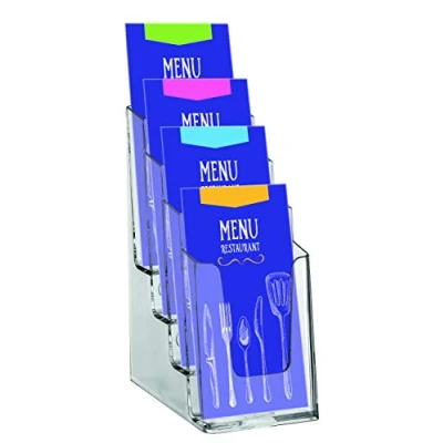Abbildung von Europel Prospekthalter Mehrfach Prospektständer, 4x DIN 1/3 A4 Glasklar Polystyrol Broschürenständer für Büros Broschürenhalter im Hochformat Menüs, Prospeketen, Katalogen, Preiskarten