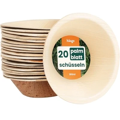 Abbildung von HAAGO Palmblattschalen (450ml, quadratisch) Kompostierbar &amp; Einweg Umweltfreundliches Picknick Outdoor Geschirr Gefrierschrank Mikrowellenfest (Rund 13 x 4 cm / 180 ml, 20)