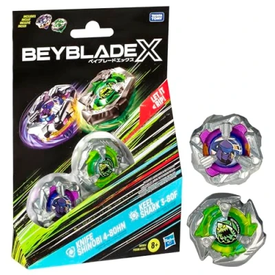 Abbildung von Beyblade X Knife Shinobi 4 80HN und Keel Shark 3 80F Kreisel Dual Pack, mit Celerator, 2 Klicks zusammenbauen, für spannende Battles unterm Weihnachtsbaum