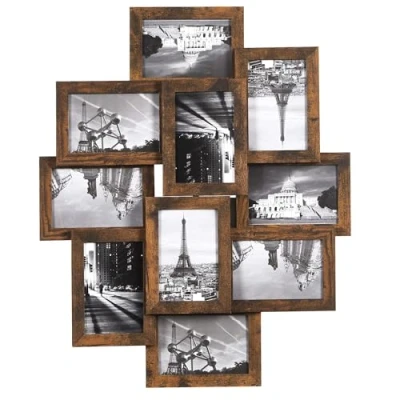 Abbildung von SONGMICS Bilderrahmen Collage, Fotorahmen Familie, für 10 Fotos je x 15 cm (4 6 Zoll), aus MDF Platten, Montage erforderlich, vintagebraun RPF020X01
