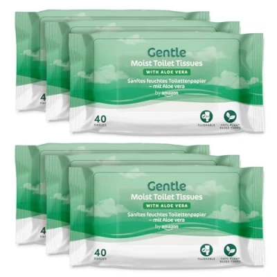 Abbildung von by Amazon Sanftes feuchtes Toilettenpapier mit Aloe Vera, spülbar, 240 Stück (6 Packungen je 40 Blatt) (Früher Marke Presto!)