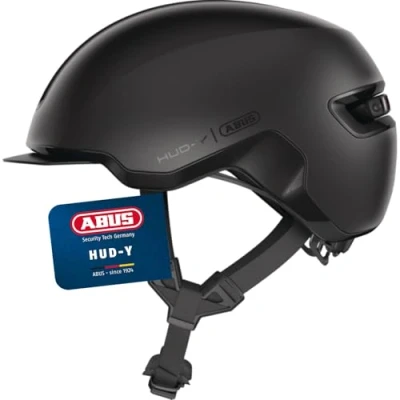 Abbildung von ABUS Urban Helm HUD Y mit magnetischem, aufladbarem LED Rücklicht &amp; Magnetverschluss cooler Fahrradhelm für den Alltag Damen und Herren Schwarz Matt, Größe M