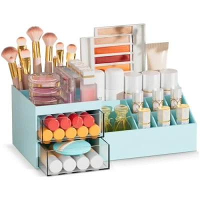 Abbildung von Subsky Make Up Organizer mit Schubladen, Multifunktion Schminktisch Einfache Aufbewahrung für Pinsel Wattepads, Schreibtisch Dresser Skincare Blau