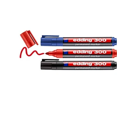 Abbildung von edding 300 Permanentmarker schwarz, rot, blau 3 Stifte Rundspitze 1,5 mm wasserfest, schnell trocknend wischfest für Karton, Kunststoff, Glas, Holz, Metall, Glas