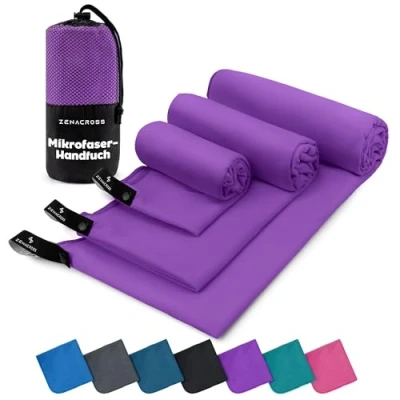 Abbildung von ZENACROSS Mikrofaser Handtuch 3er Set mit Transportbeutel Schnelltrocknendes und vielseitiges Fitness Sporthandtuch Größen XS, S, M Lila