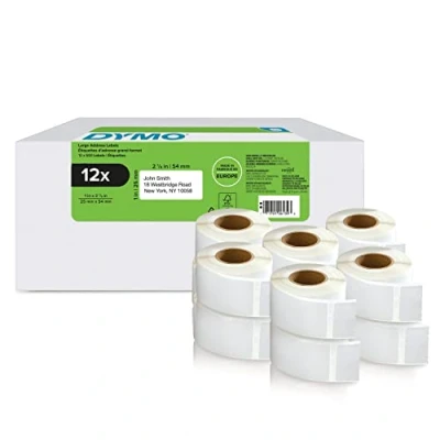 Abbildung von DYMO Original LabelWriter Rücksendeadressetiketten, 25 mm x 54 mm, 12 Rollen mit je 500 leicht ablösbaren Etiketten (6.000 Stück), selbstklebend, Beschriftungsgerät für Etikettendrucker