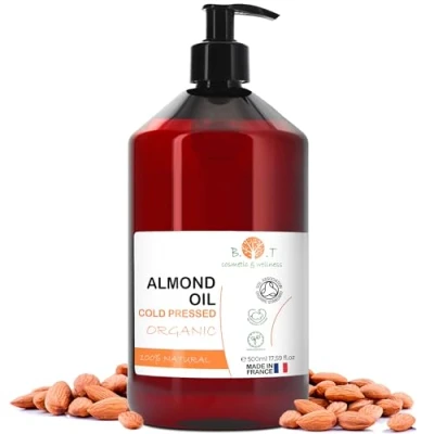 Abbildung von Mandelöl BIO Reines, Kaltgepresst, Natürlich. Kosmetik Massageöl, Haar und Bartöl, Körperöl, Anti Falten Gesichtsöl, Schwangerschaftsstreifen, Nägel, Baby, Scalp Oil 500 ml