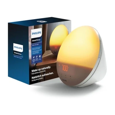 Abbildung von PHILIPS SmartSleep Wake up Light Nachttischlampe und Wecker mit USB, Farbige Sonnenaufgangssimulation, 20 Helligkeitseinstellungen, 7 natürliche Wecktöne, Mitternacht Lichtfunktion, Modell HF3532 01