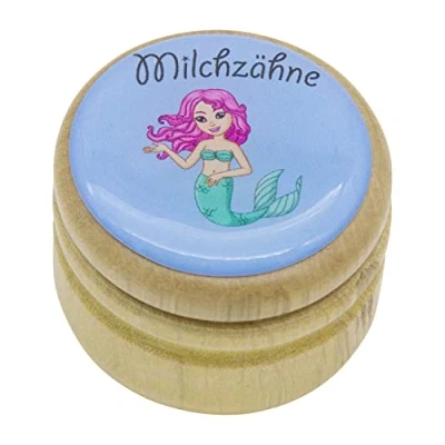 Abbildung von GICO Milchzahndose, Zahndose Milchzähne Bilderdose mit diversen Motiven aus Holz für Jungen und Mädchen Drehverschluss 44 mm (Meerjungfrau)