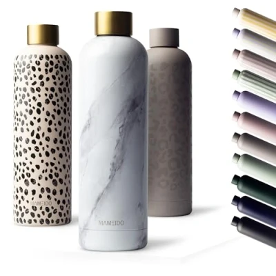 Abbildung von MAMEIDO Trinkflasche Edelstahl 750ml, 500ml &amp; 1l auslaufsichere Thermosflasche, Kohlensäure geeignet, BPA frei, Isolierflasche 12h heiß 24h kalt (White Marble Gold, 0,75l)