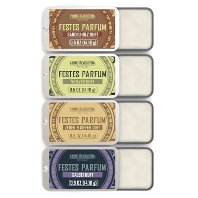 Abbildung von Viking Revolution Kolonya Festes Parfüm für Männer Parfum Herren mit Zedernholz, Muskatellersalbei, Vetiver, Sandelholz Geschenke 4er Pack 4 x 14 g