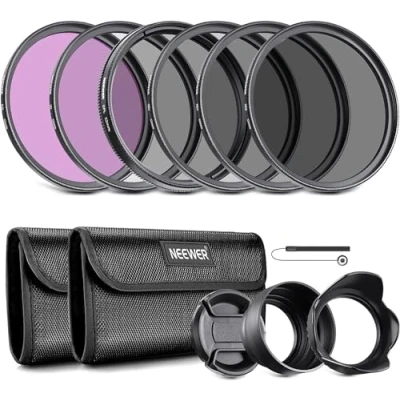 Abbildung von NEEWER 52mm Objektiv Filter Set: UV, CPL, FLD, ND2, ND4, ND8, Gegenlichtblende und Objektivdeckel Kompatibel mit Canon Nikon Sony Panasonic DSLR Kameras
