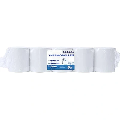 Abbildung von 5 Stk. Premium Thermorollen 80mm x 12mm Thermopapier Bonrollen (80 80 12) Kassenrollen zertifiziert für Kassen Drucker wie Epson, IBM, Metapace uvm.