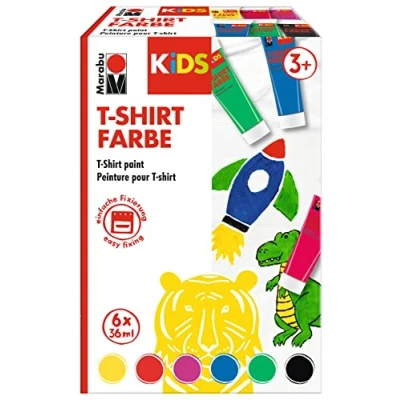 Abbildung von Marabu 0308000000010 KiDS T Shirt Farbe, Stoffmalfarbe zum Gestalten, 6 x 36 ml, nach Fixierung waschbeständig bis 60 C, für Kinder ab 3 Jahren