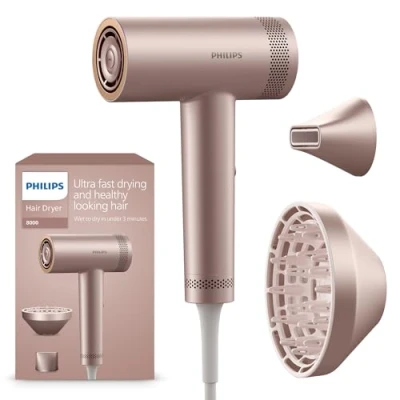 Abbildung von Philips Hochgeschwindigkeits Haartrockner Serie 8000, ThermoShield Advanced, Ionic, Stylingdüse &amp; Diffusor, Kopfhautpflege, 1400 W, Rose Champagne, Modell BHD837/10