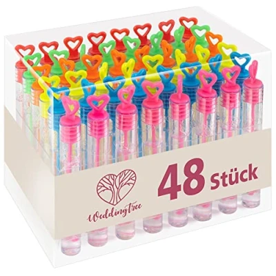 Abbildung von WeddingTree Seifenblasen Hochzeit Set in Regenbogenfarben mit Herzgriff herzallerliebst für Taufe Geburtstag Goldene Verlobung Valentinstag Gastgeschenk Party