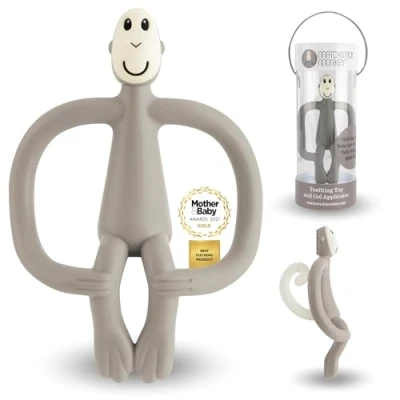 Abbildung von Matchstick Monkey Beißring Affe Original Baby Zahnungshilfe weiche Noppen massieren wundes Zahnfleisch Silikon BPA frei Greifling für Zahnen ab 3 Monaten grau