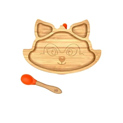 Abbildung von Kleiner Fuchs Hochwertiges Bambus Teller mit Saugnapf, Rutschfestem Saugnapf passendem Baby Löffel Macht Mahlzeiten Spaß, Geschirr Set Geschenkbox Essenlernen Design