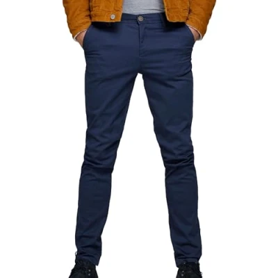 Abbildung von JACK &amp; JONES Herren Chino Hose Stretch Pants Konischer Schnitt Slim Fit Look JPSTMARCO JJBOWIE, Farben:Navy, Größe Hosen:34W / 34L, Z Länge:L34