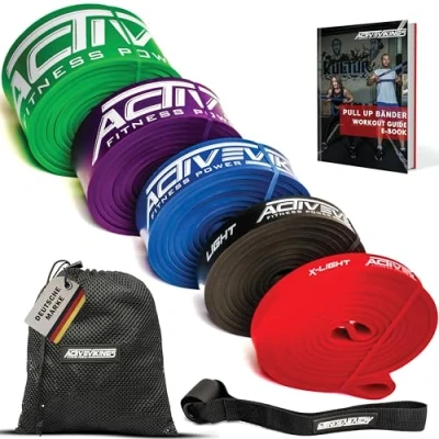 Abbildung von ActiveVikings® Pull Up Fitnessbänder Perfekt für Muskelaufbau und Crossfit Freeletics Calisthenics Fitnessband Klimmzugbänder Widerstandsbänder (H Pro Package (Blau Lila Grün))
