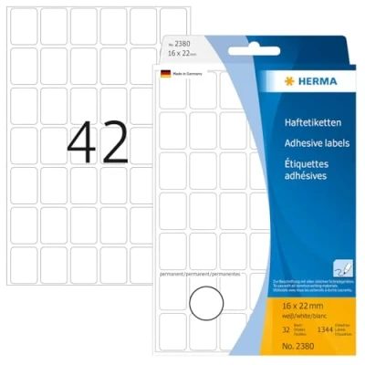 Abbildung von HERMA 2380 Vielzweck Etiketten, 1344 Stück, 16 x 22 mm, 42 pro Bogen, selbstklebend, Haushaltsetiketten zum Beschriften, matt, blanko Papier Klebeetiketten Aufkleber, weiß
