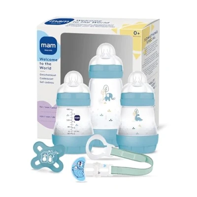 Abbildung von MAM Easy Start Anti Colic Welcome Set, Baby Erstausstattung mit 3 Flaschen, Schnuller und Schnullerband, Geschenk ab der Geburt, blau