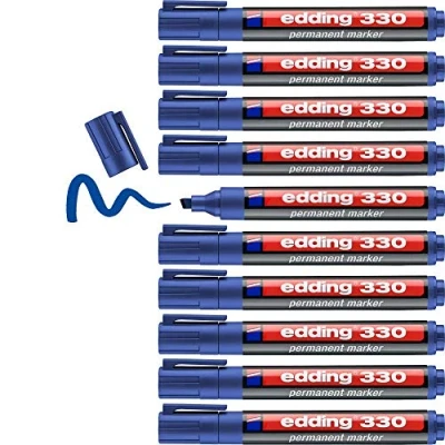 Abbildung von edding 330 Permanentmarker blau 10 Stifte Keil Spitze 1 5 mm wasserfest, schnell trocknend wischfest für Karton, Kunststoff, Glas, Holz, Metall, Glas