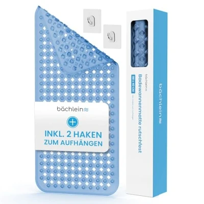 Abbildung von Bächlein PVC Badewannenmatte Transparent Blau Antirutsch Einlage 88x40 cm mit Haken zum Aufhängen, rutschfest &amp; Schimmelresistent, BPA Latexfrei, Maschinenwaschbar