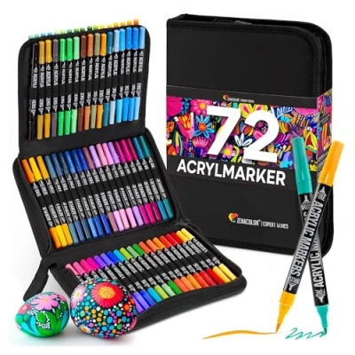 Abbildung von Zenacolor 72 Acrylstifte für Steine Wasserfest mit Doppelspitze (feine Spitze und Pinsel) zum Zeichnen verschiedene Oberflächen Acrylic Paint Marker einer Tasche