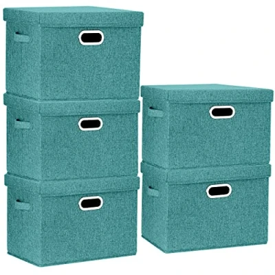 Abbildung von TYEERS Aufbewahrungsbox mit Deckel Groß, Stoff, Faltbare, Waschbare, Kisten Aufbewahrung Deckel, 44x30x29 cm, 5 Stück, Aqua Deep
