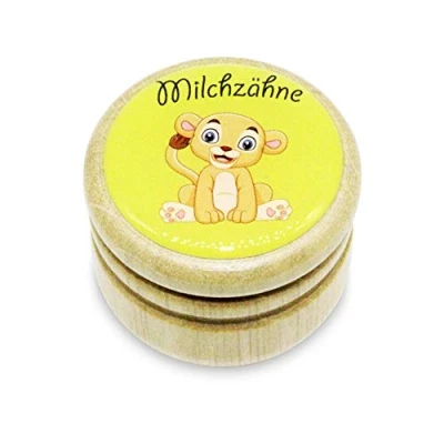 Abbildung von GICO Milchzahndose, Zahndose Milchzähne Bilderdose mit diversen Motiven aus Holz für Jungen und Mädchen Drehverschluss 44 mm (Löwe)