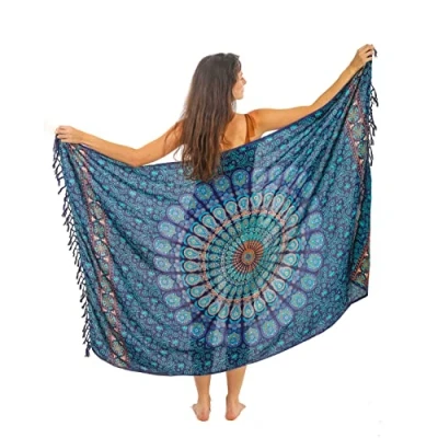 Abbildung von Mandala Life ART Blauer Damen Sarong Pareo Mit Fringe Hochwertiger Rayon Groß Strand Strandtuch Wickeltuch Wickelrock Strandrock Tapisserie Bikini Cover Up Tuch Für Badeanzug