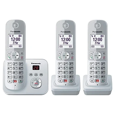 Abbildung von Panasonic KX TG6863GS Schnurlostelefon mit 3 Mobilteilen und Anrufbeantworter (Bis zu 1.000 Telefonnummern sperren, übersichtliche Schriftgröße, lauter Hörer, Voll Duplex Freisprechen) perl silber