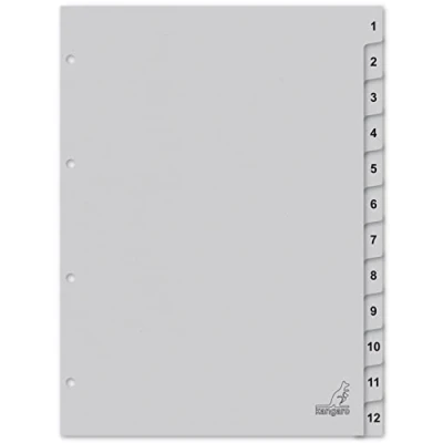 Abbildung von Kangaro Karton Register DIN A4 Zahlen 1 12. 180 g/m² recycelter Grau FSC 12 teilig