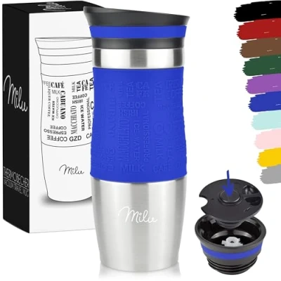Abbildung von Milu Thermobecher 370ml 450ml Isolierbecher Kaffeebecher to go 100% Auslaufsicher Trinkbecher aus Edelstahl Autobecher doppelwand Isolierung Thermo Becher Travel Mug (Blau, 370ml)