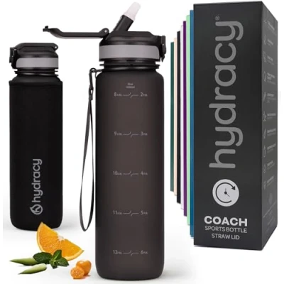 Abbildung von Hydracy Trinkflasche mit Strohhalm und Zeitmarkierung 1L Wasserflasche BPA freie Auslaufsichere Sportflasche Kondensationsfrei für Sport Outdoor