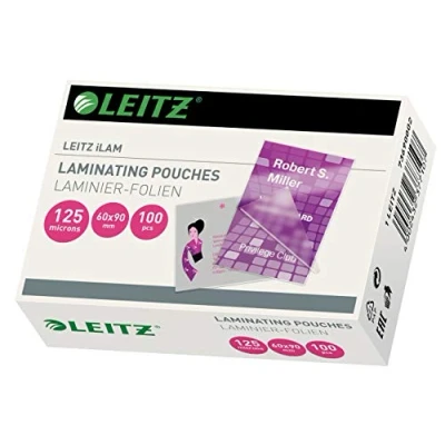 Abbildung von Leitz Heißlaminierfolien 125 mic 60 x 90 mm, Laminieren von Visitenkarten, Hochwertige Laminierfolien im 100er Pack, Glänzend, Transparent, 73690002