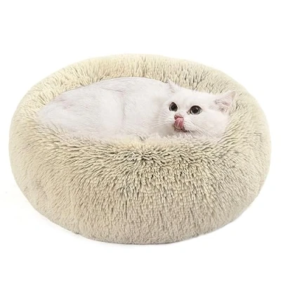 Abbildung von Feandrea Hundebett flauschig, Katzenbett, Donut Kissen, waschbar, Polsterung in der Mitte herausnehmbar, Langer Plüsch, 50 cm Durchmesser, Ombré Khaki PGW037S01