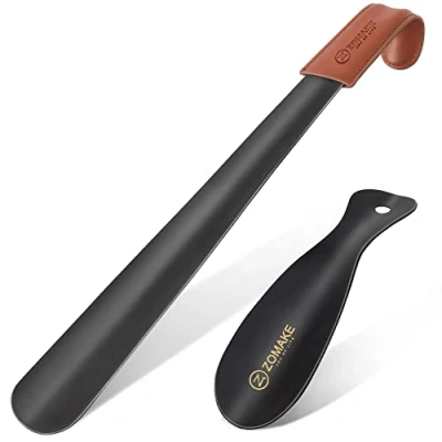 Abbildung von ZOMAKE Schuhlöffel Metall Set 2er 42cm Schwarz Lang Schuhanzieher Edelstahl Shoe Horn mit Lederband,19cm Langer Stabil Wandhalterung für Stiefel
