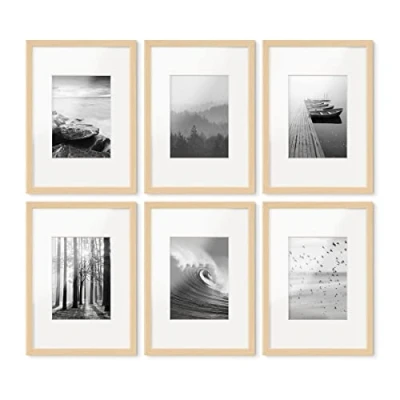 Abbildung von PHOTOLINI Bilderrahmen A4 21x30 cm MDF Holz Natur, 6er Set Posterrahmen mit Passepartout, bruchsicheres Acrylglas, zum Aufhängen, extra Zubehör für Fotos, Bilder &amp; Poster