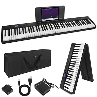 Abbildung von Kmise Klapppiano, Electric Keyboard 88 Tasten Halbgewichtete Digital Klavier Bluetooth Faltbare Tastatur mit MIDI Sustain Pedal, Notenblatt Halter, Tragetasche