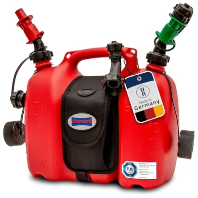 Abbildung von hünersdorff 805062 PROFI Doppelkanister / Kombikanister für Kraftstoff und Öl mit Satteltasche zwei Einfüllsystemen, 6 + 3 Liter, UN Zulassung, Made in Germany, Rot