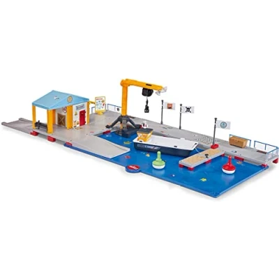 Abbildung von siku 5512, Anlegestelle, Kunststoff, Multicolor, Spielkombination 2 Grundplatten, Arbeitsboot, Bojen, Imbissbude, Steg, Kran, Zum einfachen Zusammenstecken
