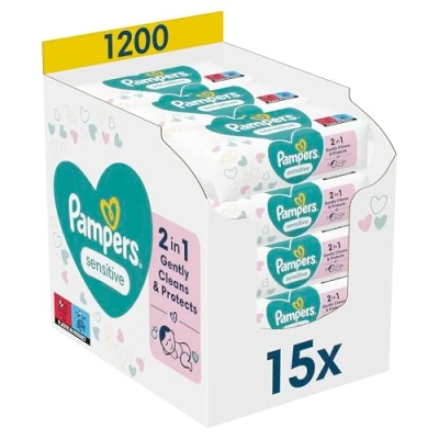 Abbildung von Pampers Sensitive Feuchttücher 15 Packungen mit 80 Stück 1200 Feuchttücher, ohne Duft, für eine sanfte und weiche Reinigung