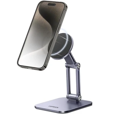 Abbildung von UGREEN Magnetischer Handy Ständer Magsafe Handyhalter Tisch Faltbarer iPhone mit Metallringe kompatibel 16 15 14 13 12 Pro Max und Hülle, Galaxy S23 Ultra S23+ usw. (Grau)